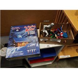 BOX OF TOY FIGURES AND SEALED "EVENING OF MURDER" PARTY GAME