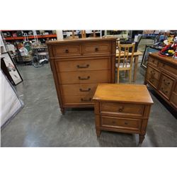 5 DRAWER SATIN WALNUT HIGHBOY DRESSER AND 2 DRAWER NIGHTSTAND