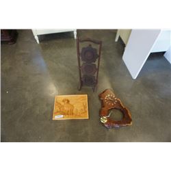 Carved folding 3 tier shelf with big horn carving and burl clock