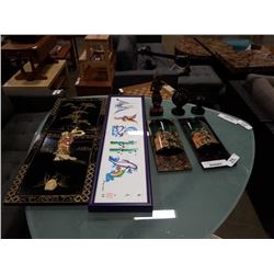 2 CARVED WALL HANGINGS, 3 WOODEN FIGURES, AND 2 ORNATE  WALL HANGINGS