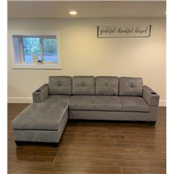 BRAND NEW GREY FABRIC 2 PC SECTIONAL SOFA WITH CUPHOLDERS, AND REMOVABLE PILLOW BACKS, RETAIL $1299 