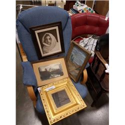 Three vintage pictures and framed mirror