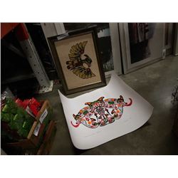 Native thunderbird needlepoint and lot of unframed john nelson prints