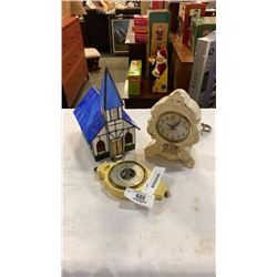 2 VINTAGE CLOCKS AND LEADED GLASS HOUSE SHADE