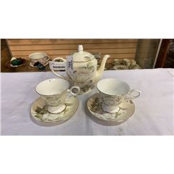 GRACIE BONE CHINA TEAPOT AND PORCELAIN CUPS AND SAUCERS