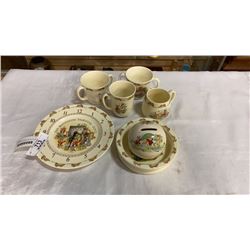 ROYAL DOULTON BUNNYKINS MUGS, BOWL, COIN BANK AND CLOCK