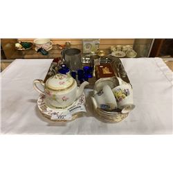 THOSE WERE THE DAYS QUEEN ANNE TEA SET, SILVER PLATE TRAY AND COLLECTABLES, COBALT GLASS CONDIMENT S