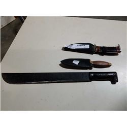 FULL TANG KNIFE, WOOD AND BRASS HILT KNIFE AND MACHETE