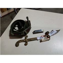 MILITARY BRASS BUTTONS, AMMO BELT, HARMONICA AND DECORATIVE SWORD