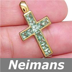Certified 3.00 ct Green Sapphire Cross Pendant 14k Gold