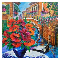 Yana Rafael, "Flowers Overlooking the Canal" Hand Signed Original Painting on Canvas with COA.