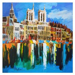 Yana Rafael, "City on the Waterfront" Hand Signed Original Painting on Canvas with COA.