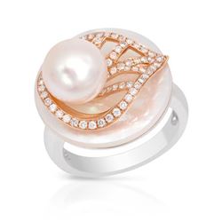 Natural 0.74 CTW Pearl & Diamond Ring 14K Two Tone Rose Gold - REF-108H2W