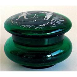 Mary Gregory Bottle Green Art Glass Powder Jar #1340816