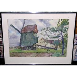 ORIG WATERCOLOR PAINTING WINDMILL LANDSCAPE #1390113