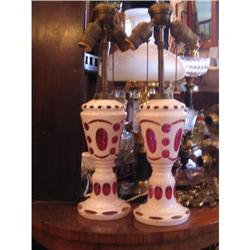 Pair of Cranberry Overlay Lamps #1390119