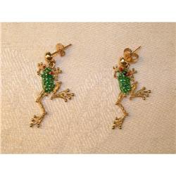 Unique Estate 14K YG Gold Enamel Frog Earrings #1390223