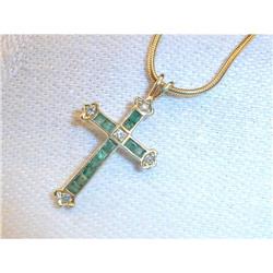 Estate 14K YG Diamond Emerald Cross Pendant #1390229