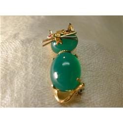 Estate 14K YG Aventurine Ruby Cat Brooch Pin #1390239