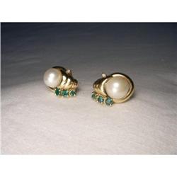 14K YG Cultured Pearl Emerald Diamond Earrings #1390262