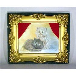 Folk Art Kitten Oil Painting Gold Gilt Frame #1390442