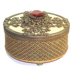 Glass Jeweled and Brass Mesh Dresser Jar #1364019