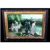 Image 1 : 19c  English Tea Party Oil Painting Garden Swan#1364589