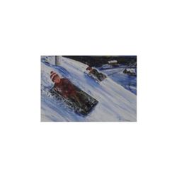 original painting Winter Fun Hill by Robert A Langdon-peinture original Plaisirs d'Hiver sur Colline