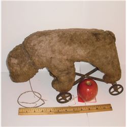 Antique as is Teddy Bear likely Steiff on metal wheels ap 9h x 15" - very rare Jouet ancien ours