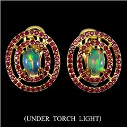 Natural Untreated White Opal & Ruby Earrings