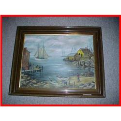 Vintage New England Harbor Oil Painting #1348948