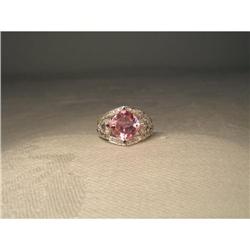 Estate 14K WG Filigree Diamond Rose Quartz Ring#1349075