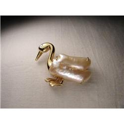 18K YG Gold Diamond Biwa Pearl Duck Brooch Pin #1349100