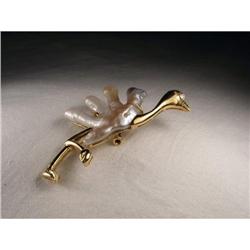 18K YG Gold Diamond Biwa Pearl Ostrich Brooch #1349101