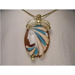 18K Gold Turquoise Coral Carved Cameo Pendant #1349107