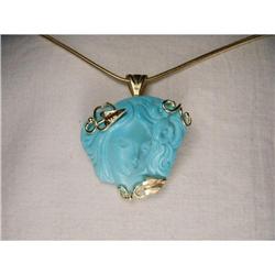 18K Gold Turquoise Carved Cameo Pendant Brooch #1349108