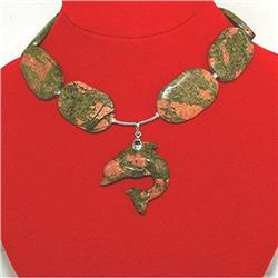 STERLING SILVER Estate UNAKITE Dolphin Necklace#1366098