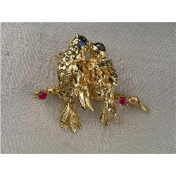 Estate 14K Gold Ruby Sapphire Love Birds Brooch#1366304