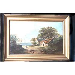 Ocean Side Cottage Scene Oil Painting Antique #1366361