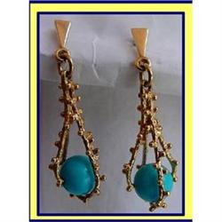 CUSTOM MADE 14K GOLD TURQUOISE EARRINGS 1930 #1366637