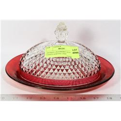 ANTIQUE CRANBERRY GLASS DOME LIDDED SERVING DISH