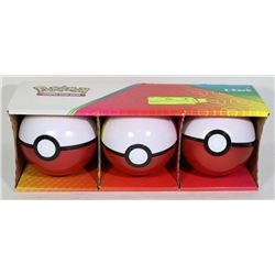 LOT OF 3 POKEBALLS WITH CARDS, DICE ETC.