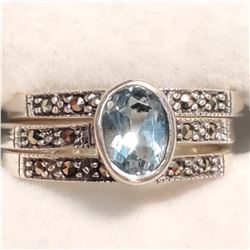 SILVER BLUE TOPAZ ONYX  SET (~SIZE 7)