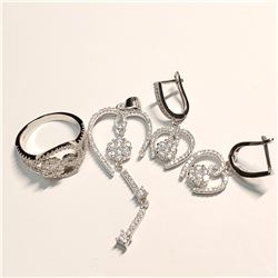 SILVER CUBIC ZIRCONIA EARRING, PENDENT, RING