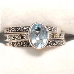 SILVER BLUE TOPAZ ONYX MARCASITE SET (~SIZE 7)
