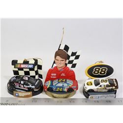 BOX W/ 3 NASCAR DIECAST CARS ON STANDS