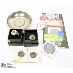 BAG WITH ASSORTED HOCKEY RINGS, COINS