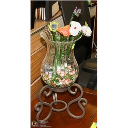 BLOWN GLASS FLOWERS IN DECORATIVE VASE/STAND