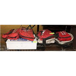 SHELF OF ASSORTED FIRST AID KITS AND TOOL BAGS