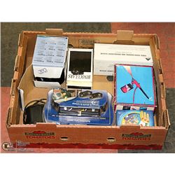 BOX WITH HOUSEHOLD ITEMS: BINOCULAR, INTEX